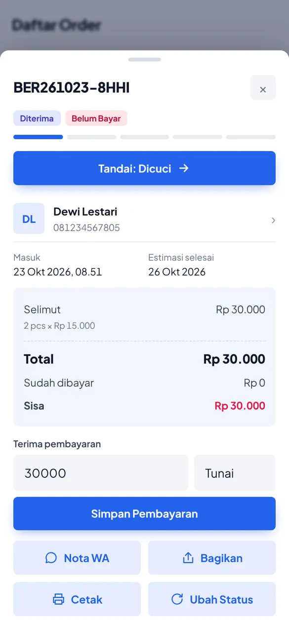 Detail order dengan pembayaran dan tombol nota