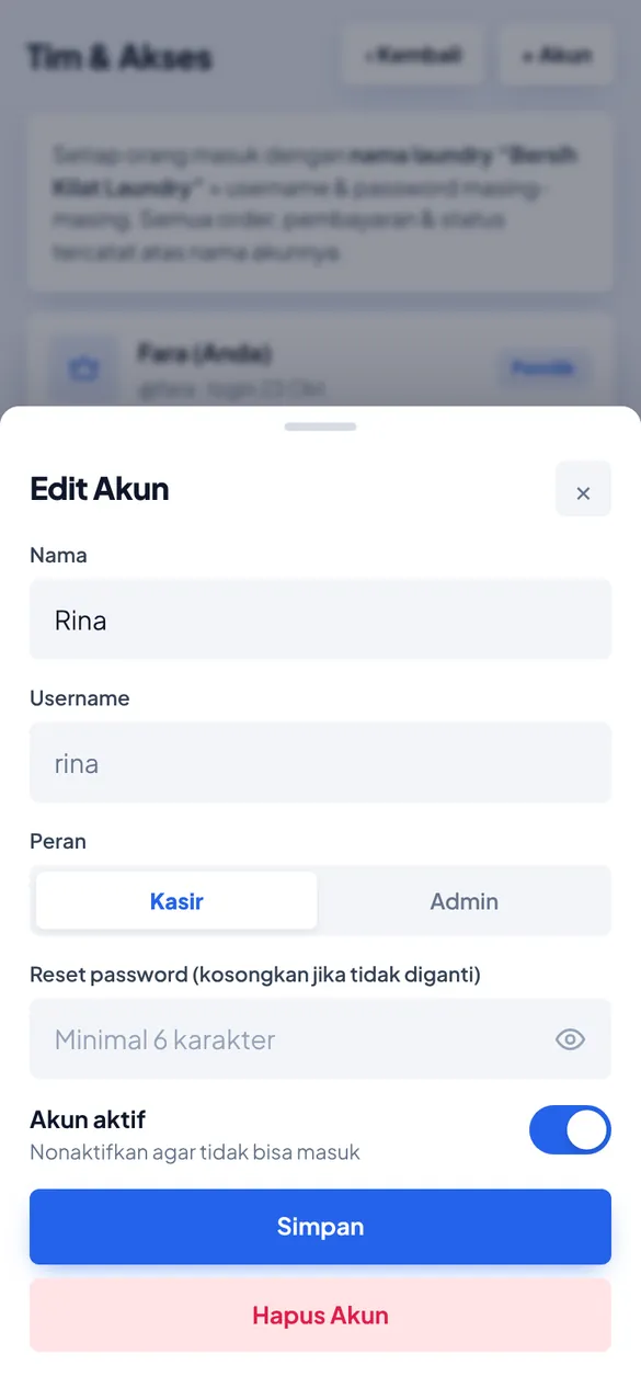 Form edit akun dengan kolom reset password