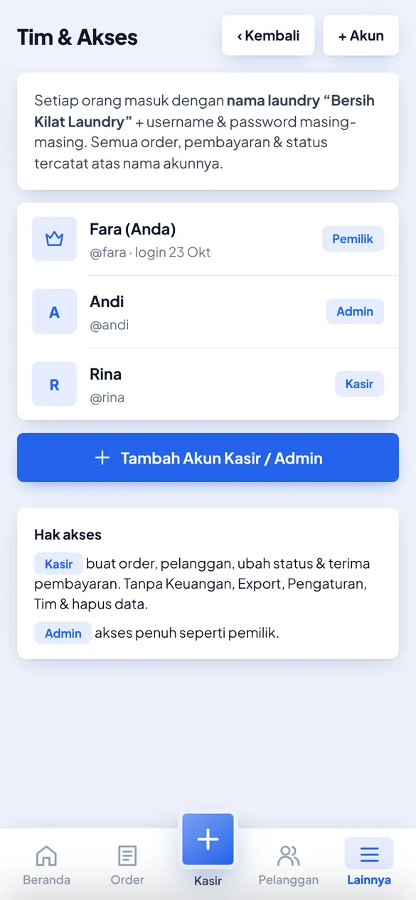 Halaman Tim & Akses
