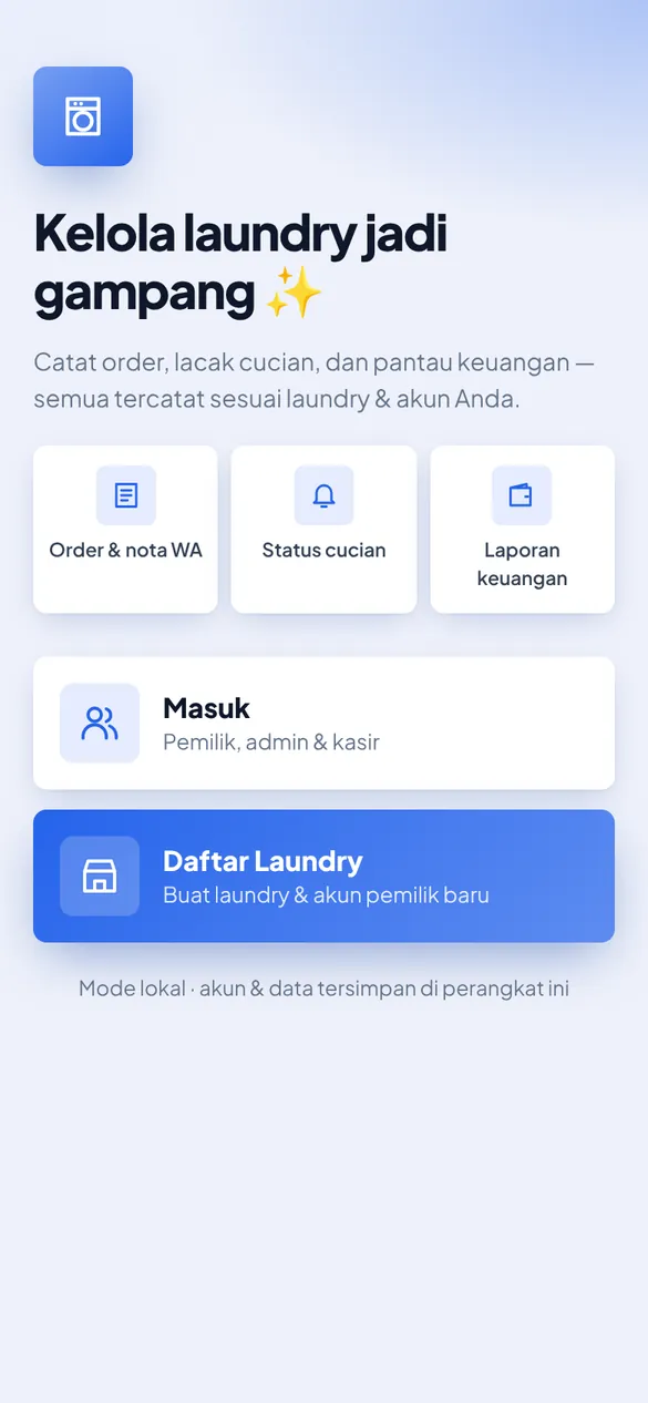 Layar pembuka: Masuk atau Daftar Laundry