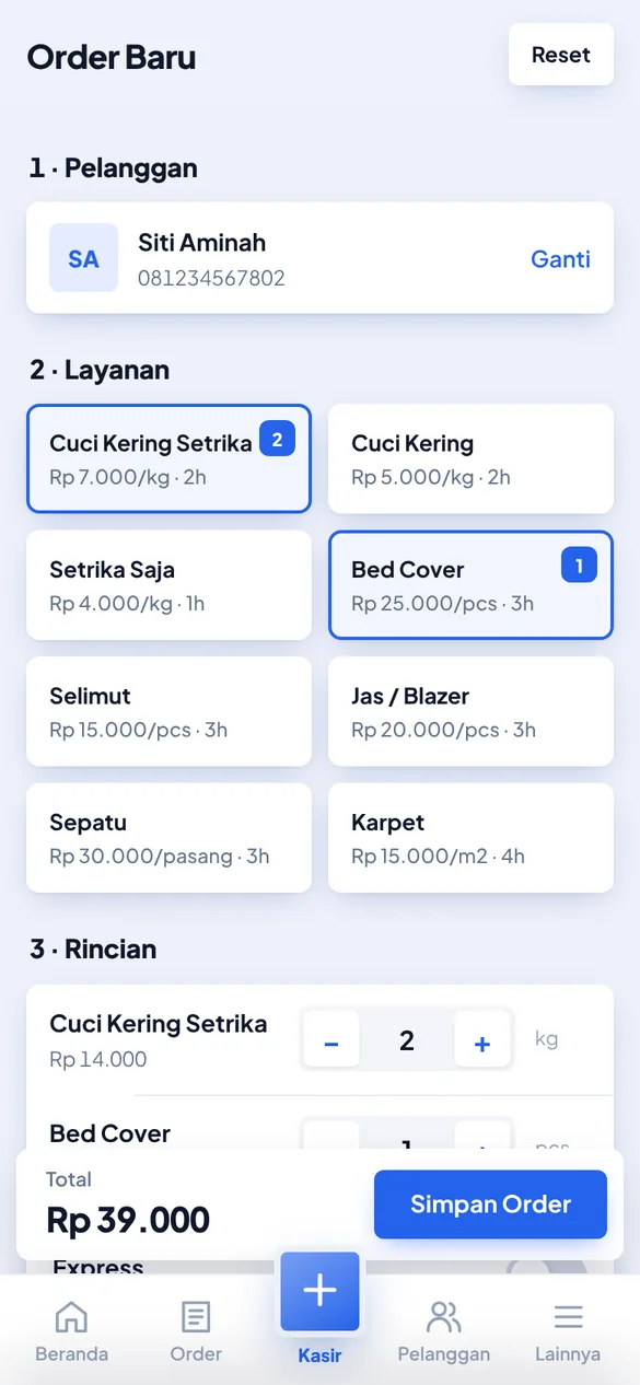Tampilan kasir: memilih layanan dan jumlah